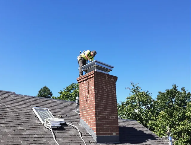 Maple Heights Chimney Sweep technician measuring a chimney cap in Maple Heights, OH