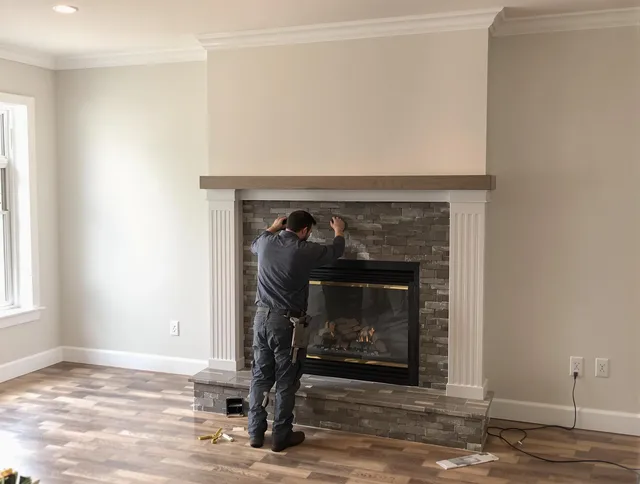 Maple Heights Chimney Sweep finishing a custom fireplace install in Maple Heights, OH